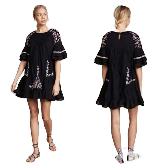 Free People Dresses & Skirts - Free People Small Pavlo Black Floral Embroidered Mini Ruffle Babydoll Dress